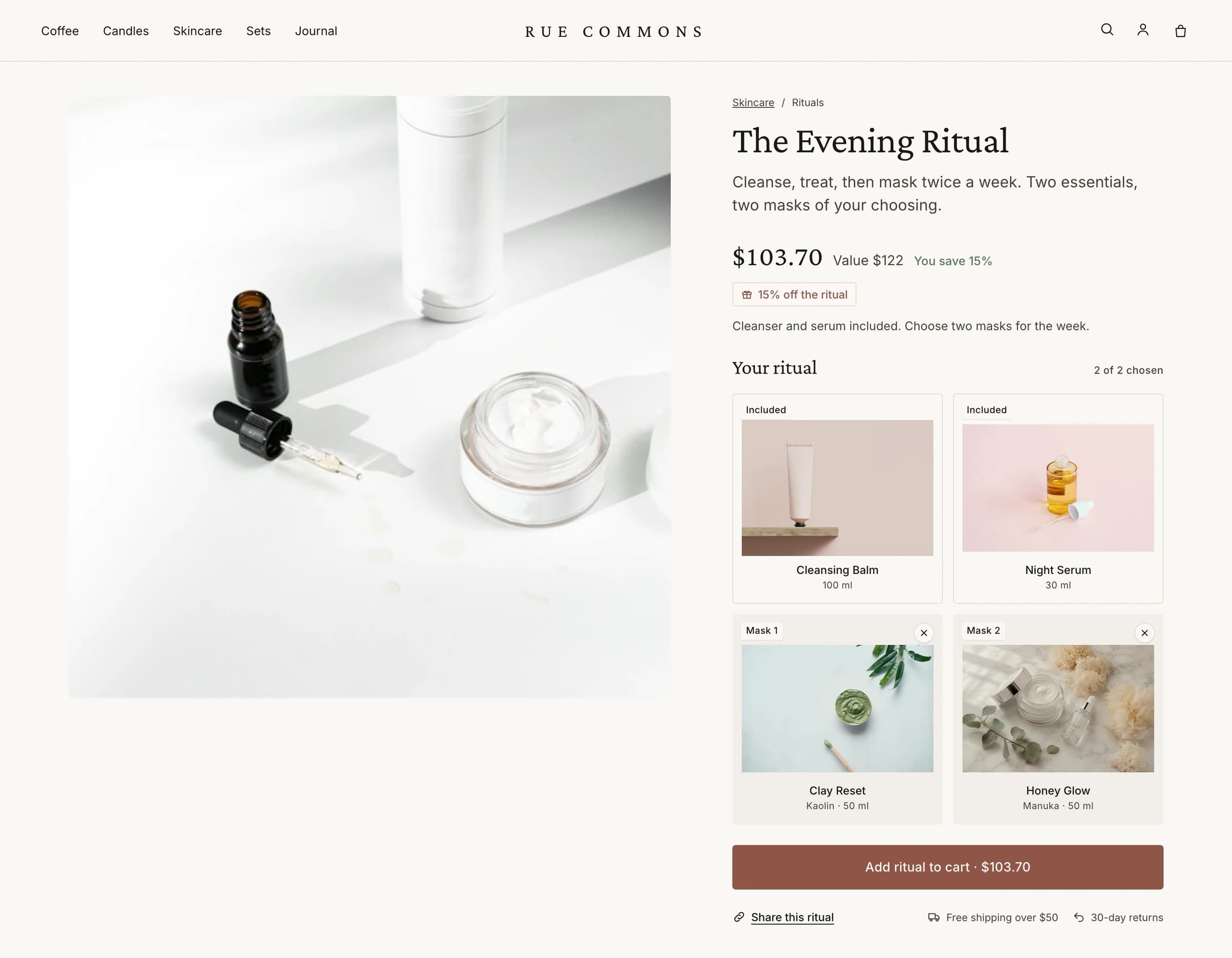 A Build-your-own set on a product page: two included items, two masks of the shopper's choice and the set price of $103.70.