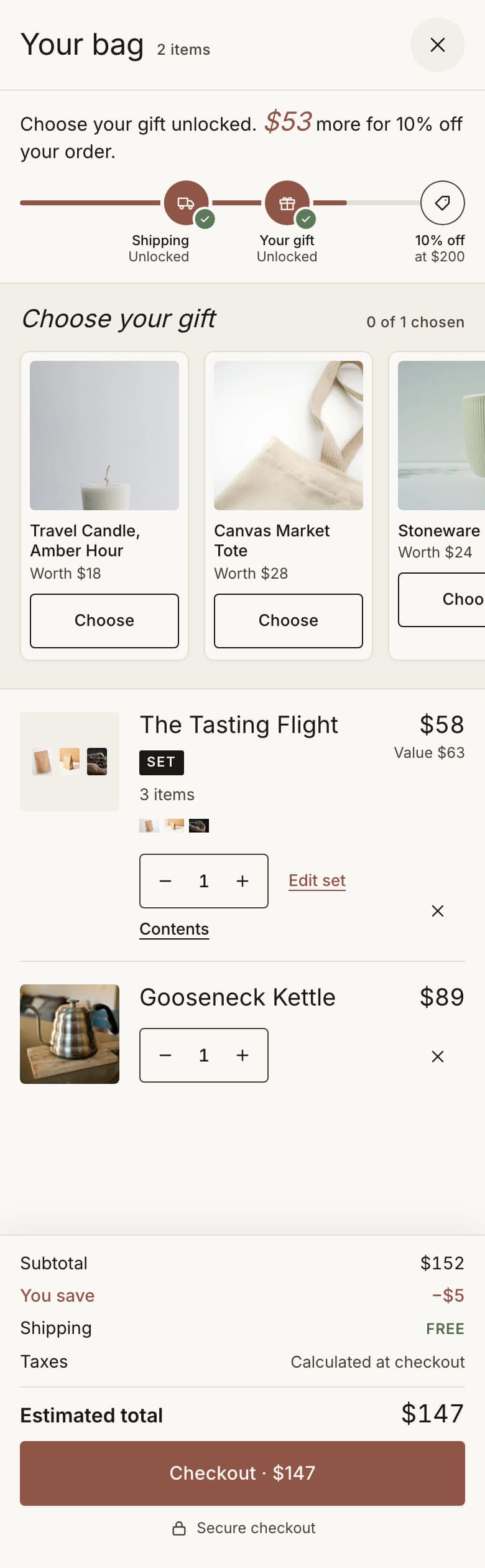 A phone cart drawer with a rewards bar, a choose-your-gift row and a bundle set line with its contents.