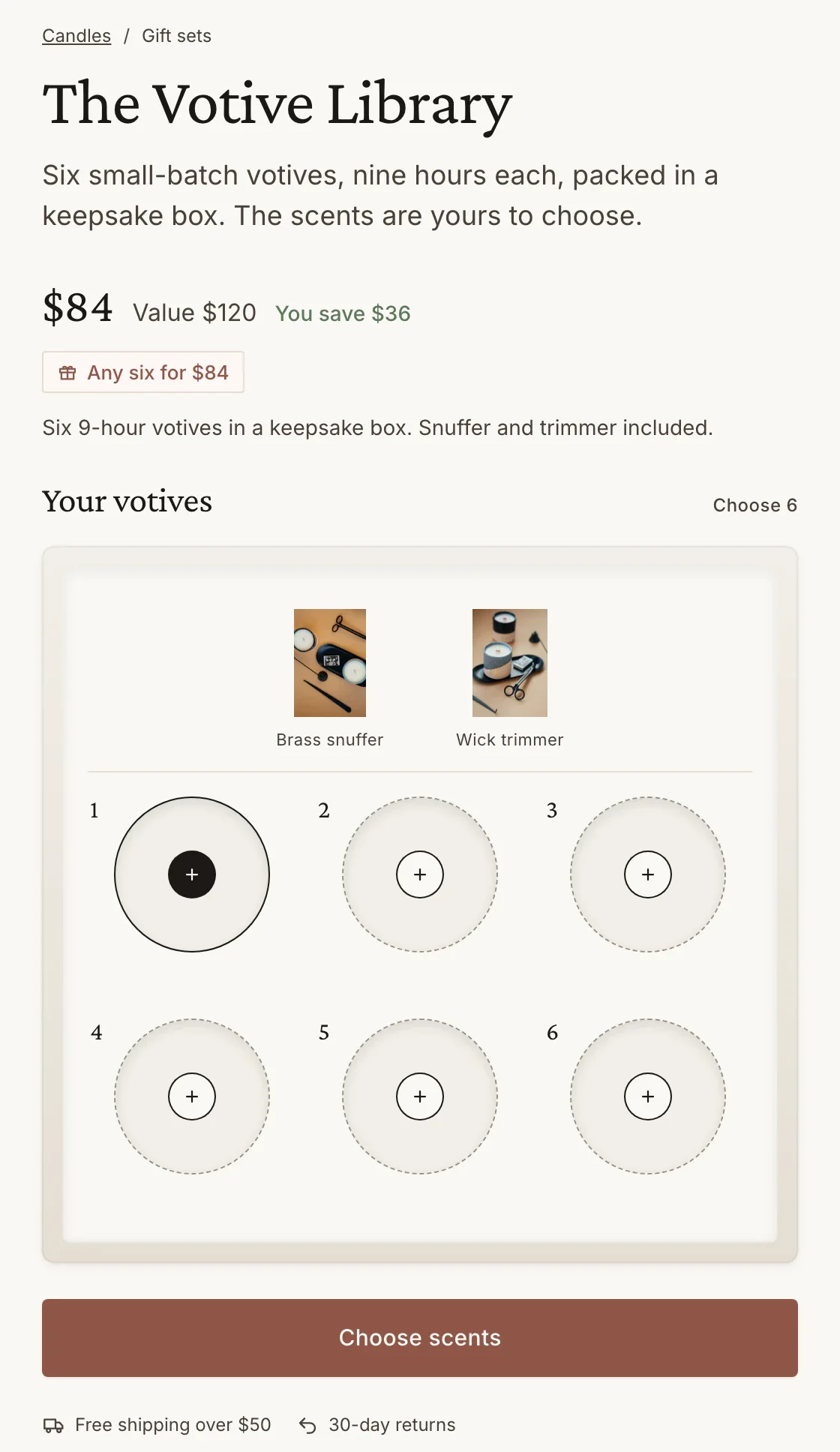 The Box layout: six votive slots in an illustrated box, a brass snuffer and a wick trimmer included