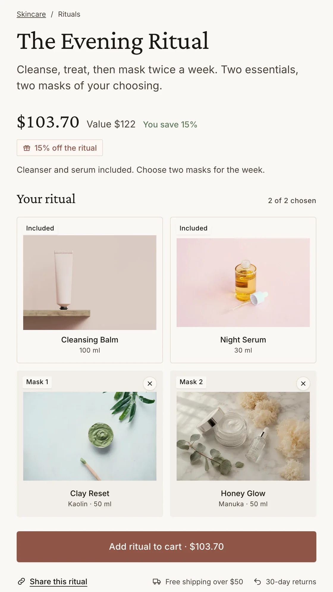 The Evening Ritual: a cleansing balm and a night serum included, two masks chosen, $103.70