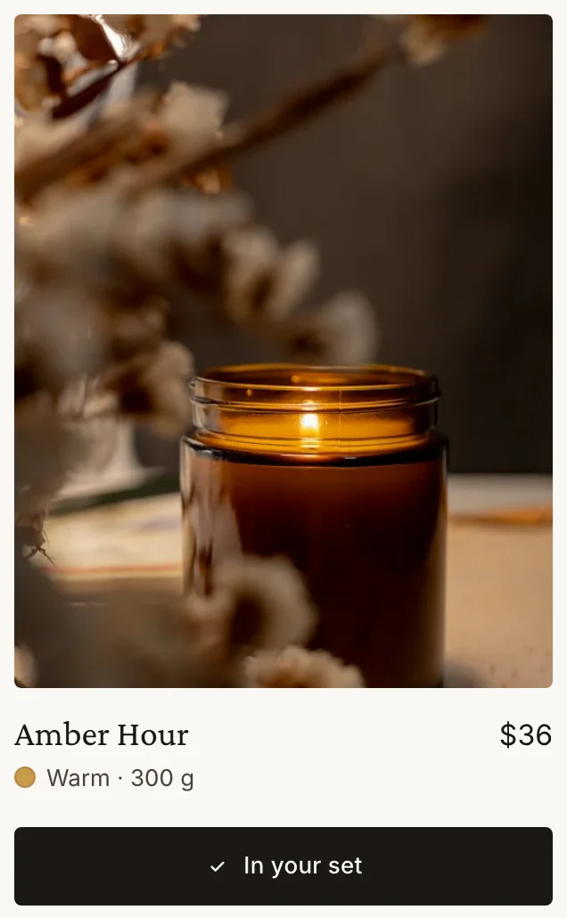Amber Hour on the candle collection page, $36, In your set