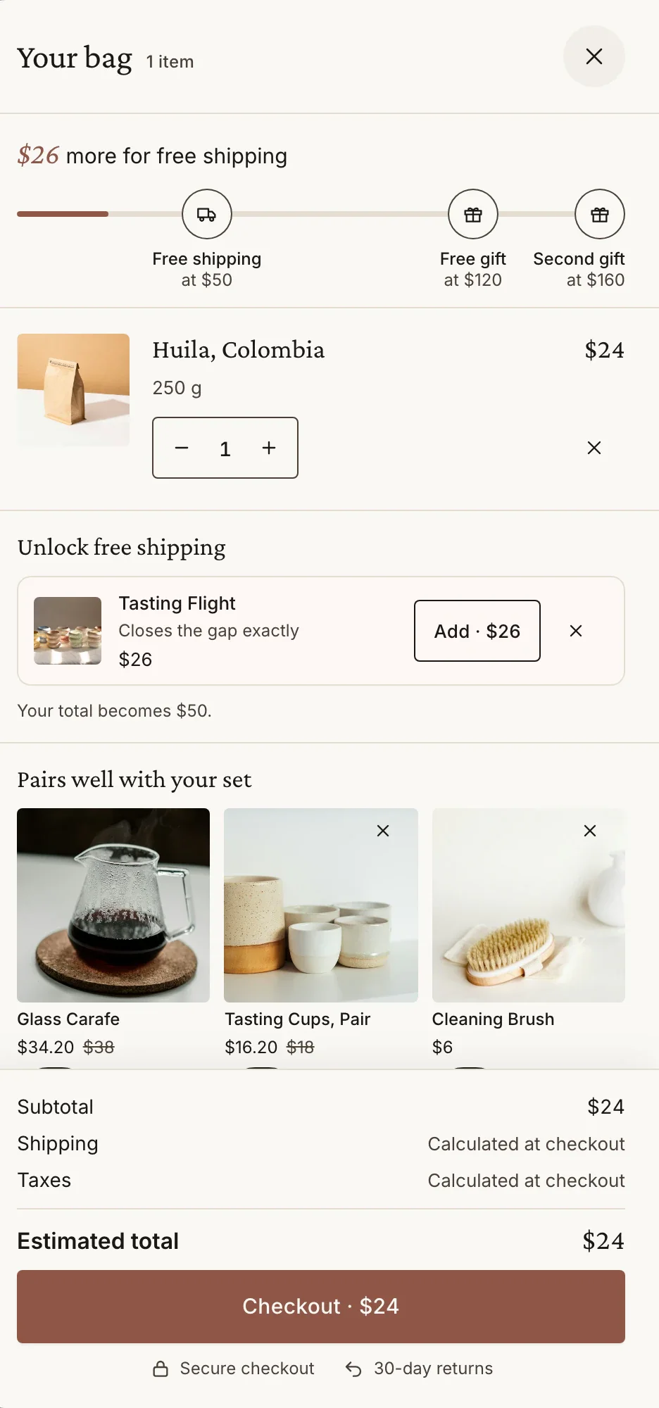 The drawer with one bag at $24, $26 more for free shipping, a tasting flight that closes the gap