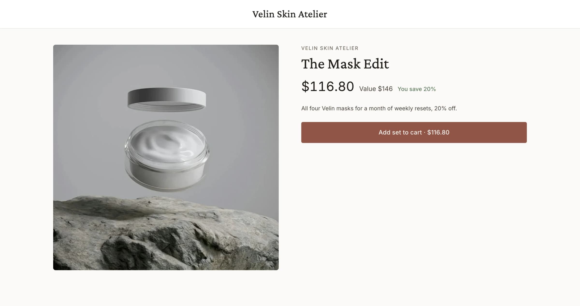 The Mask Edit's product page: $116.80, value $146, you save 20%, Add set to cart · $116.80