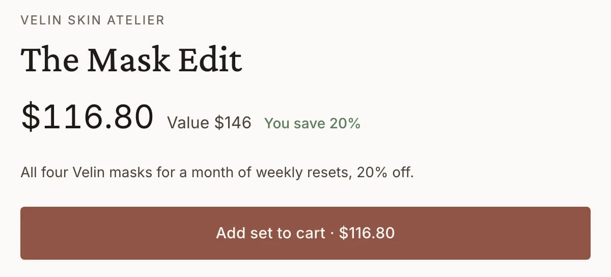 The Mask Edit: $116.80, value $146, you save 20%, Add set to cart