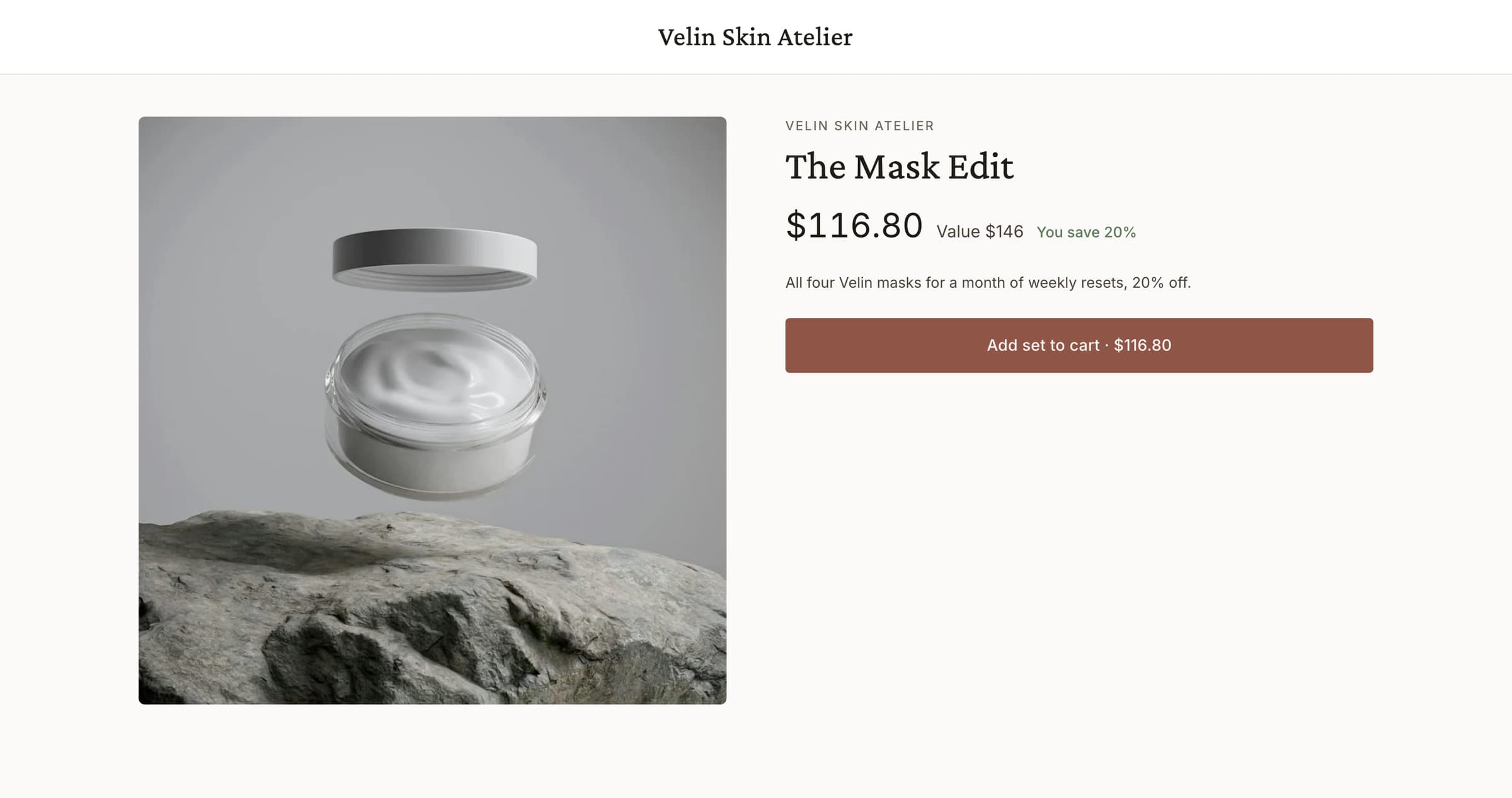 The Mask Edit product page on the demo store: $116.80, $146 struck through, You save $29.20, the four masks and one add button.