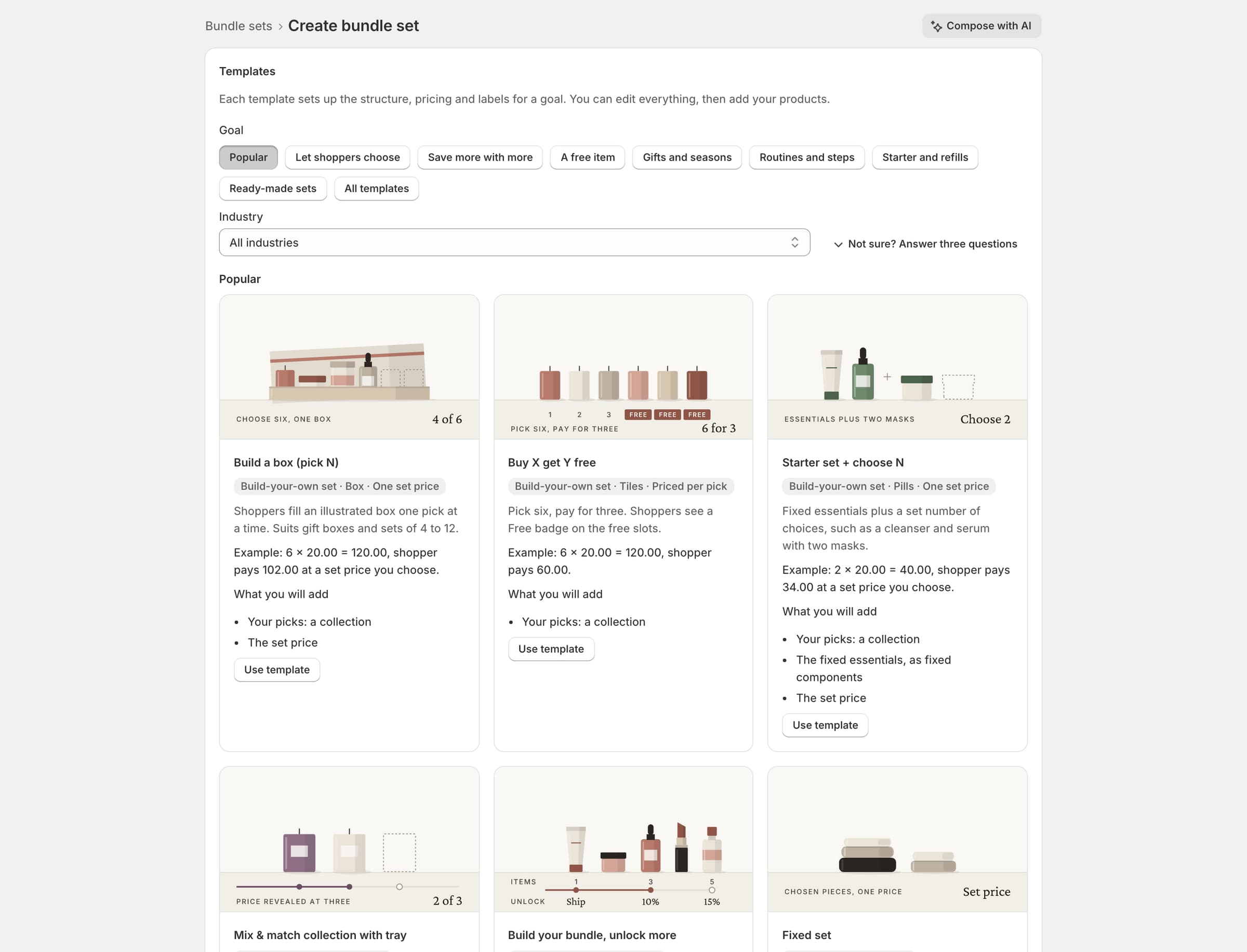 The Create bundle set page with templates, each with a storefront preview.