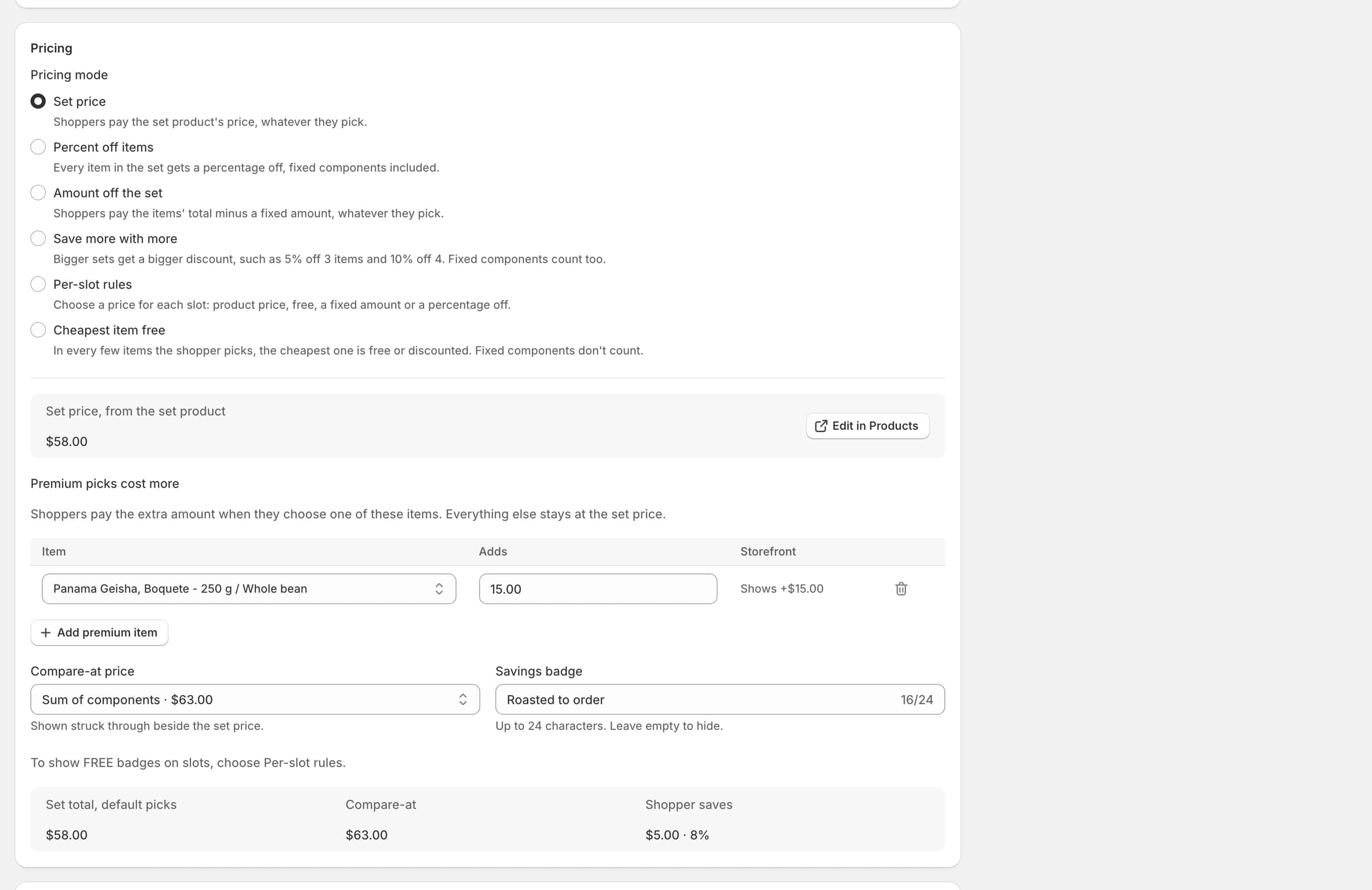 The Pricing card: Set price $58, Panama Geisha as a premium pick at +$15, compare-at as the sum of the items.