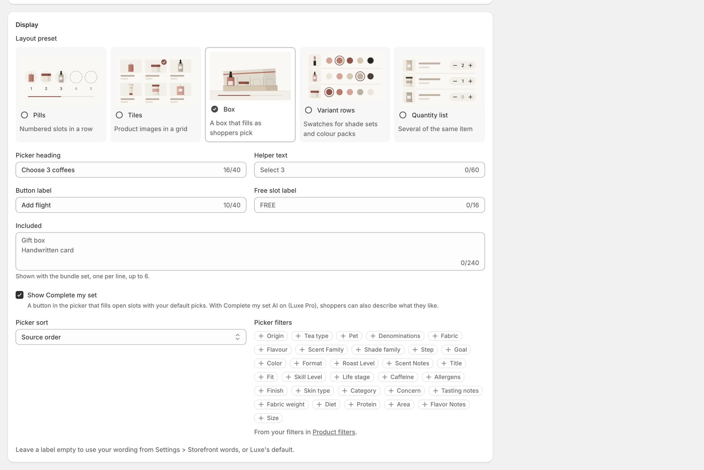 The Display card with the Box layout selected and Show Complete my set on.