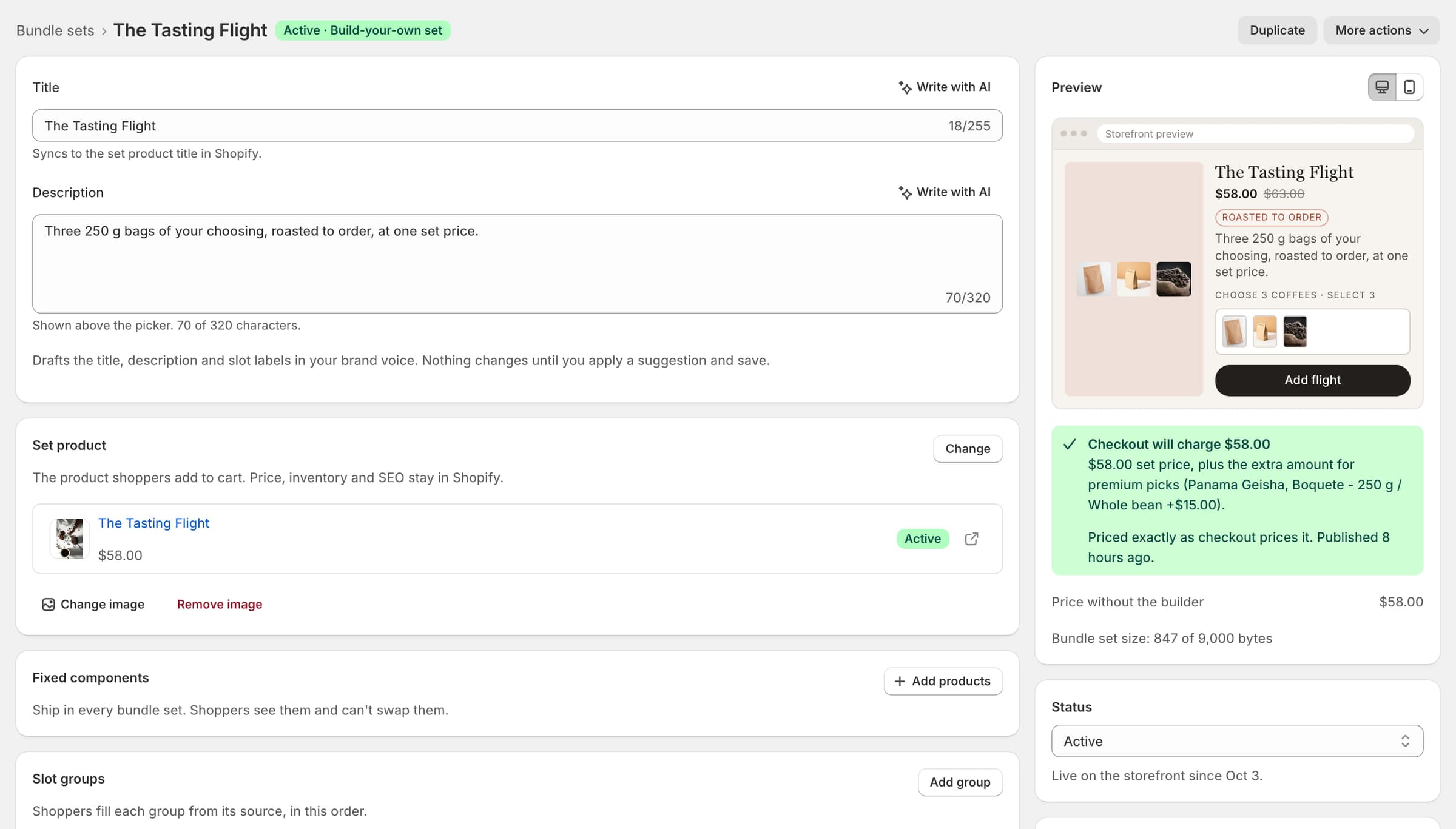 The Preview showing checkout at $58, a $63 value and a matching $58 agent and no-JS price, with status Active.