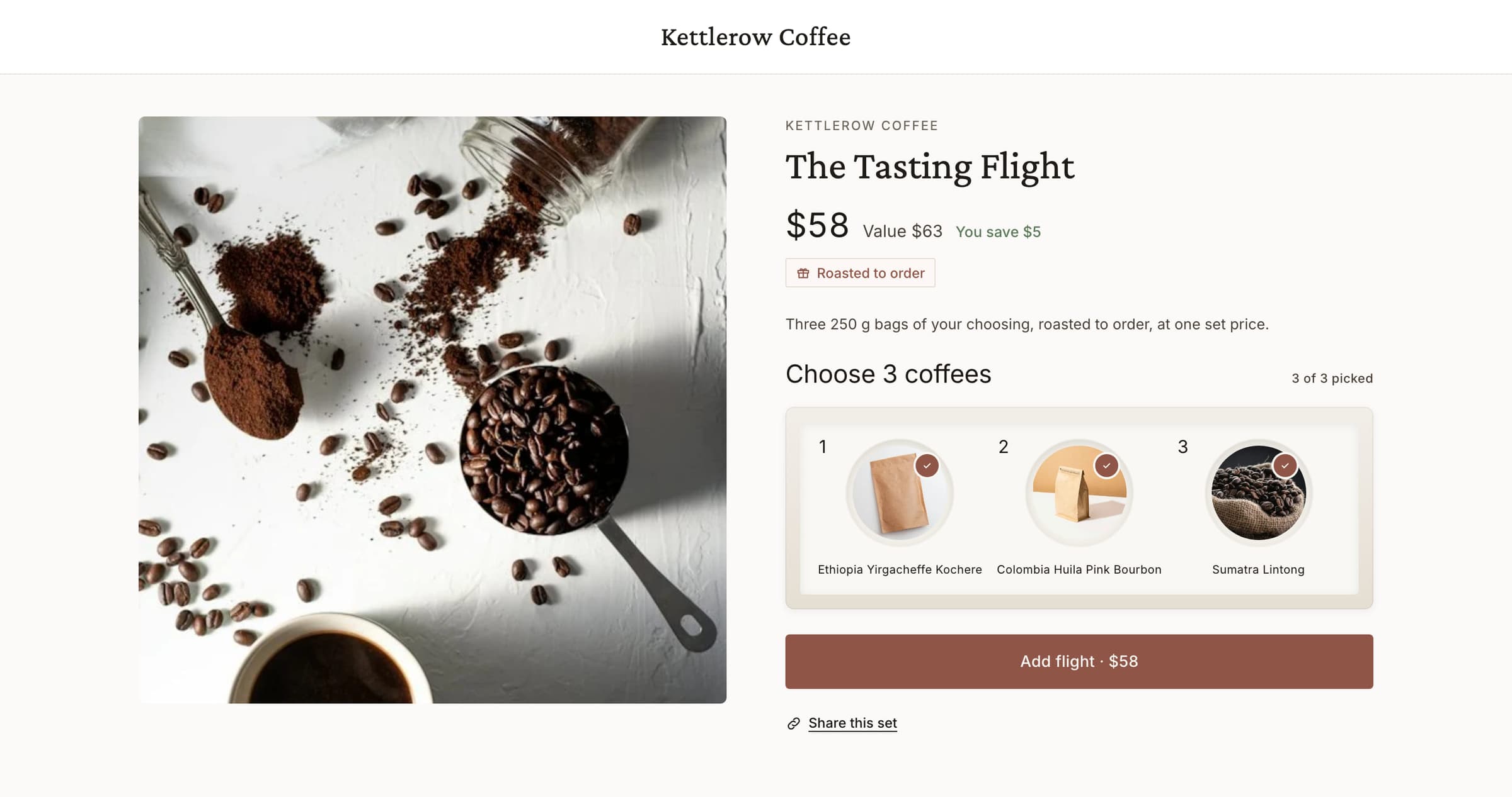 The Tasting Flight product page with the Box builder: three coffees chosen, $58, value $63.