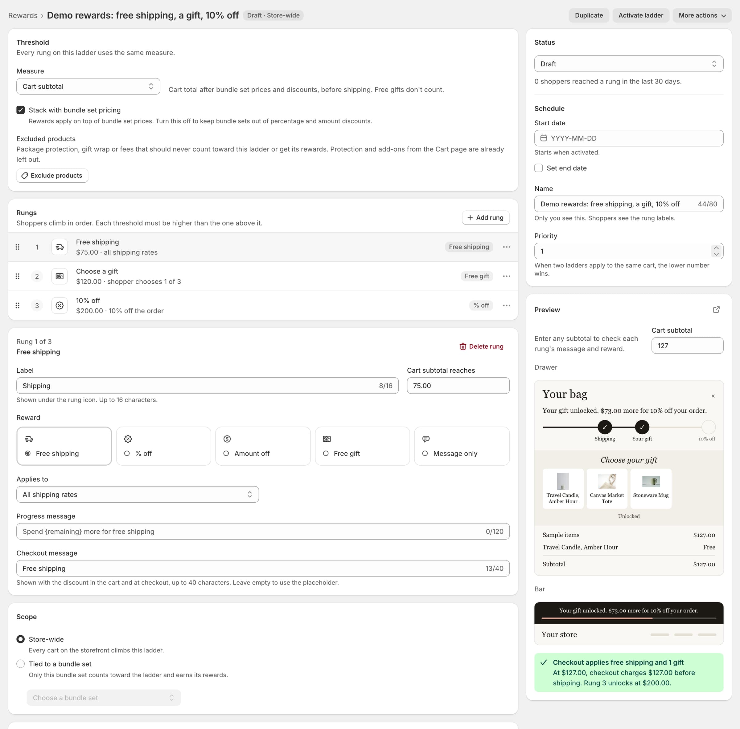 The Luxe rewards ladder editor for Demo rewards with three rungs and a preview of the cart drawer.