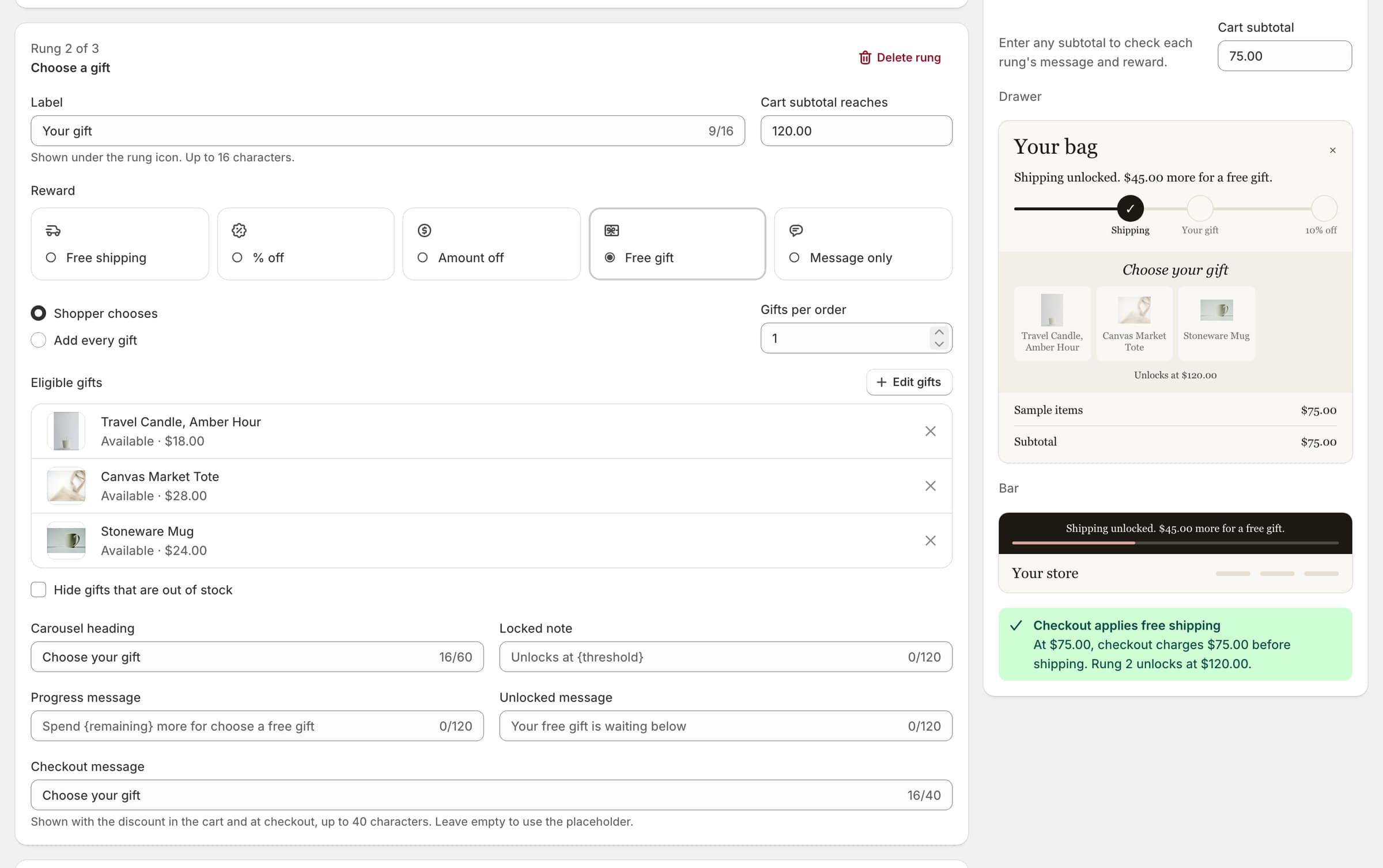 The $120 gift rung with three gift options: a travel candle, a canvas tote and a stoneware mug.