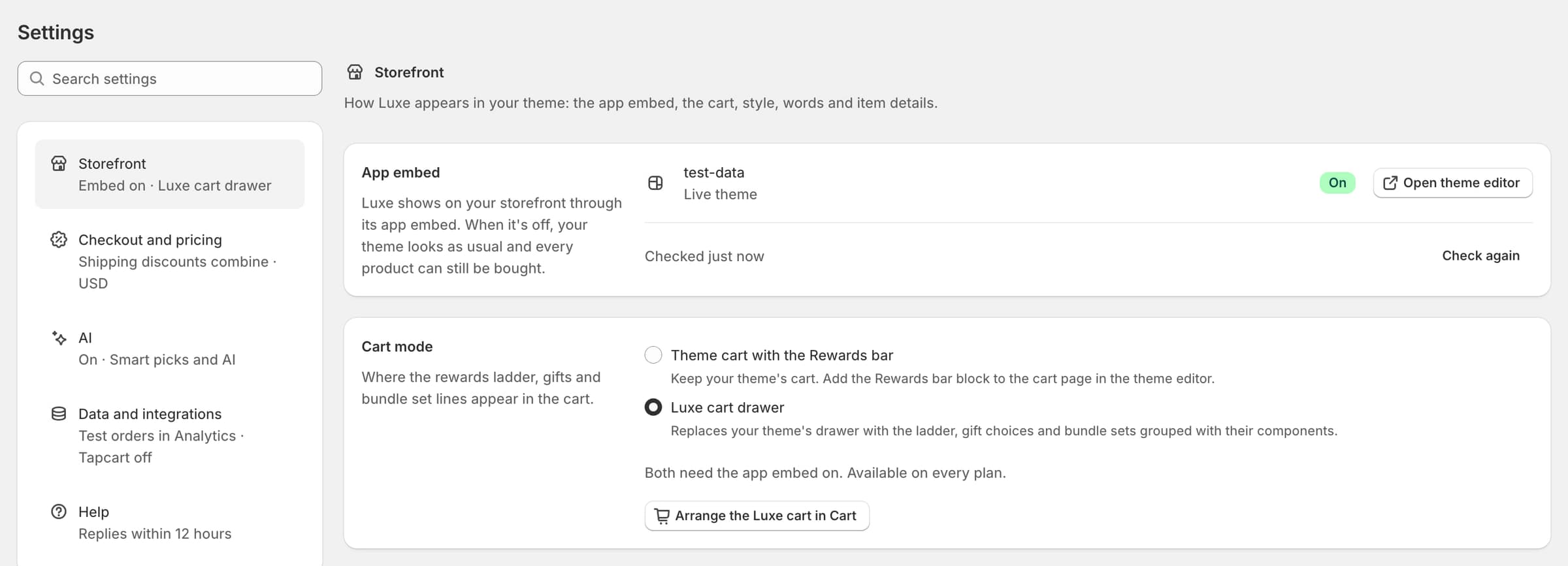 Storefront settings with Cart mode set to the Luxe cart drawer.