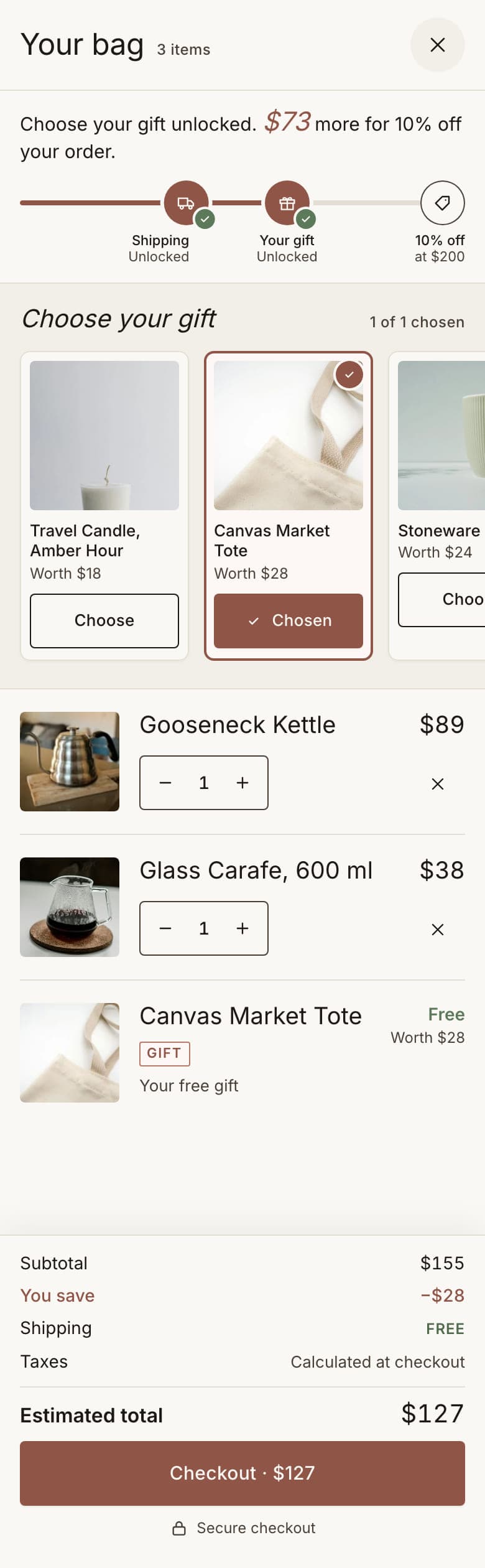 The cart drawer with the chosen Canvas Market Tote as a free gift line.