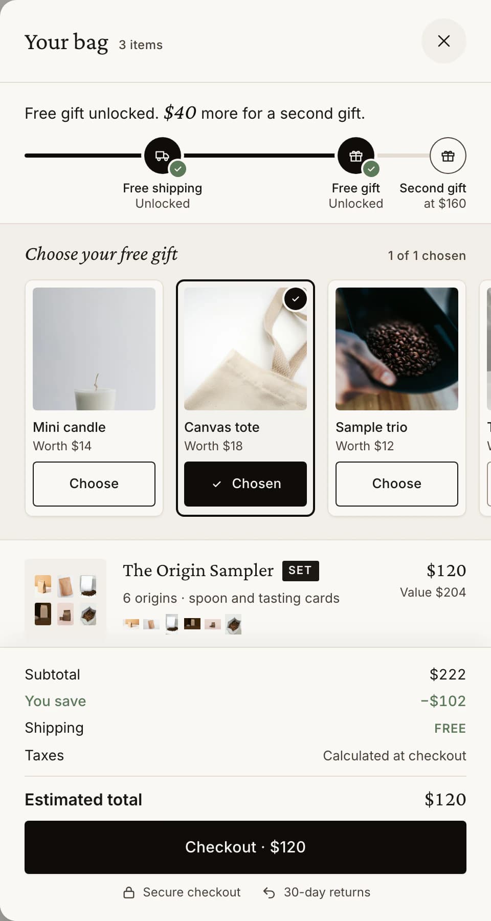 Luxe cart drawer: free gift unlocked, canvas tote chosen