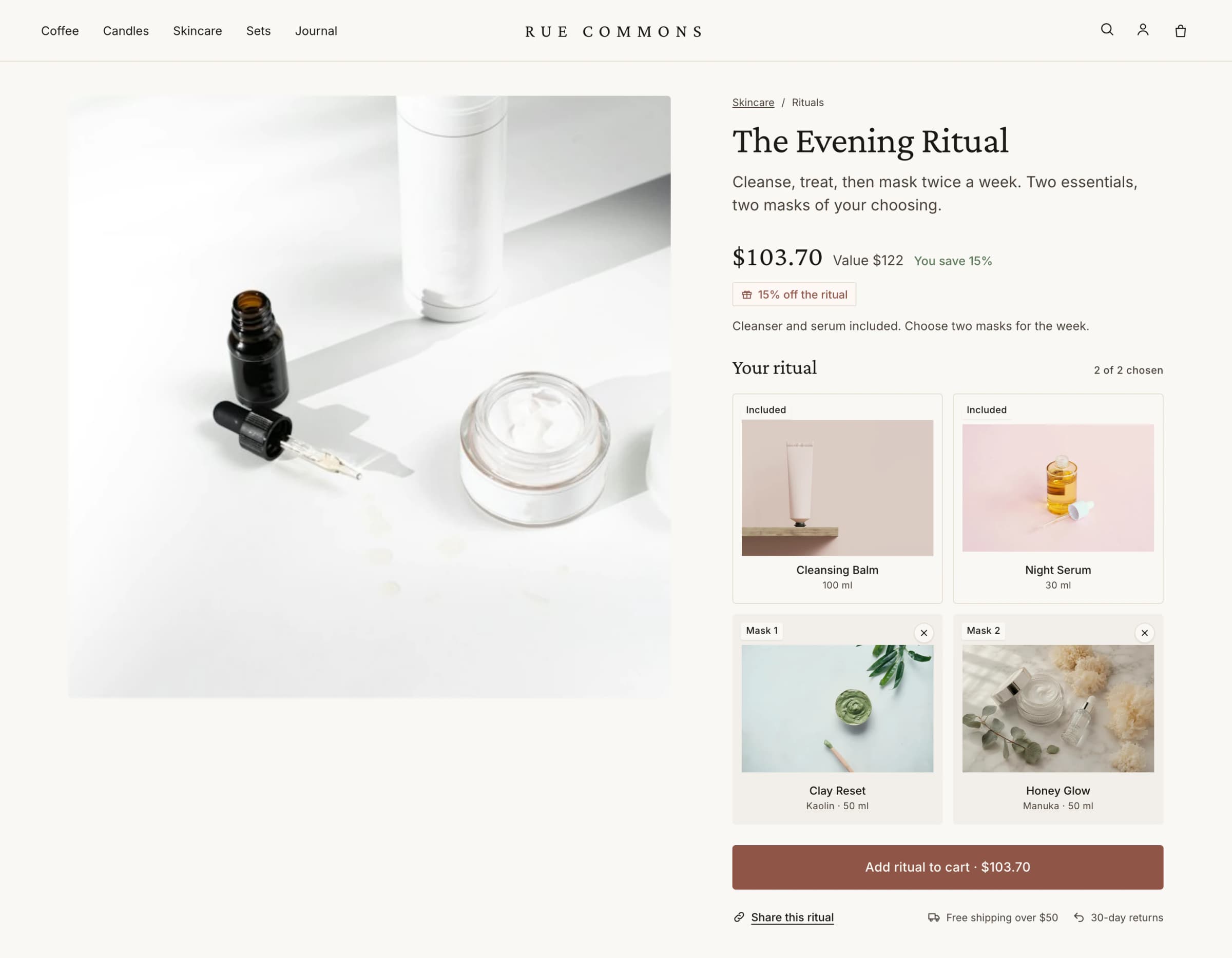 Rue Commons product page with the Luxe Bundle set builder in the Tiles layout: The Evening Ritual, two included items and two chosen masks, $103.70