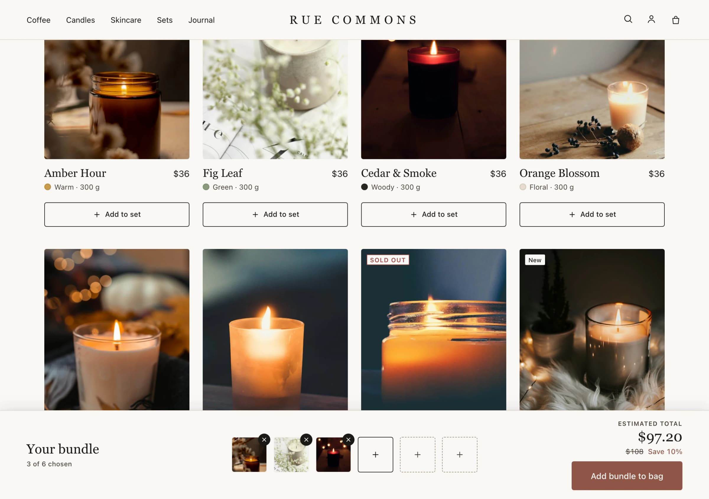 Candle collection with Add to set buttons and a bundle tray: 3 of 6 chosen, $97.20, save 10%
