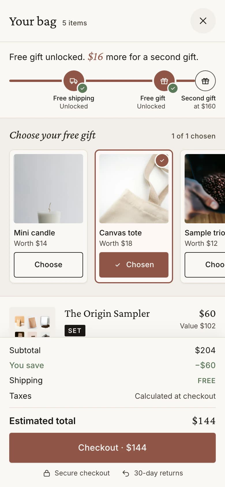 The Luxe cart drawer on a phone: a set at $60 with its value, a gift chosen, free shipping