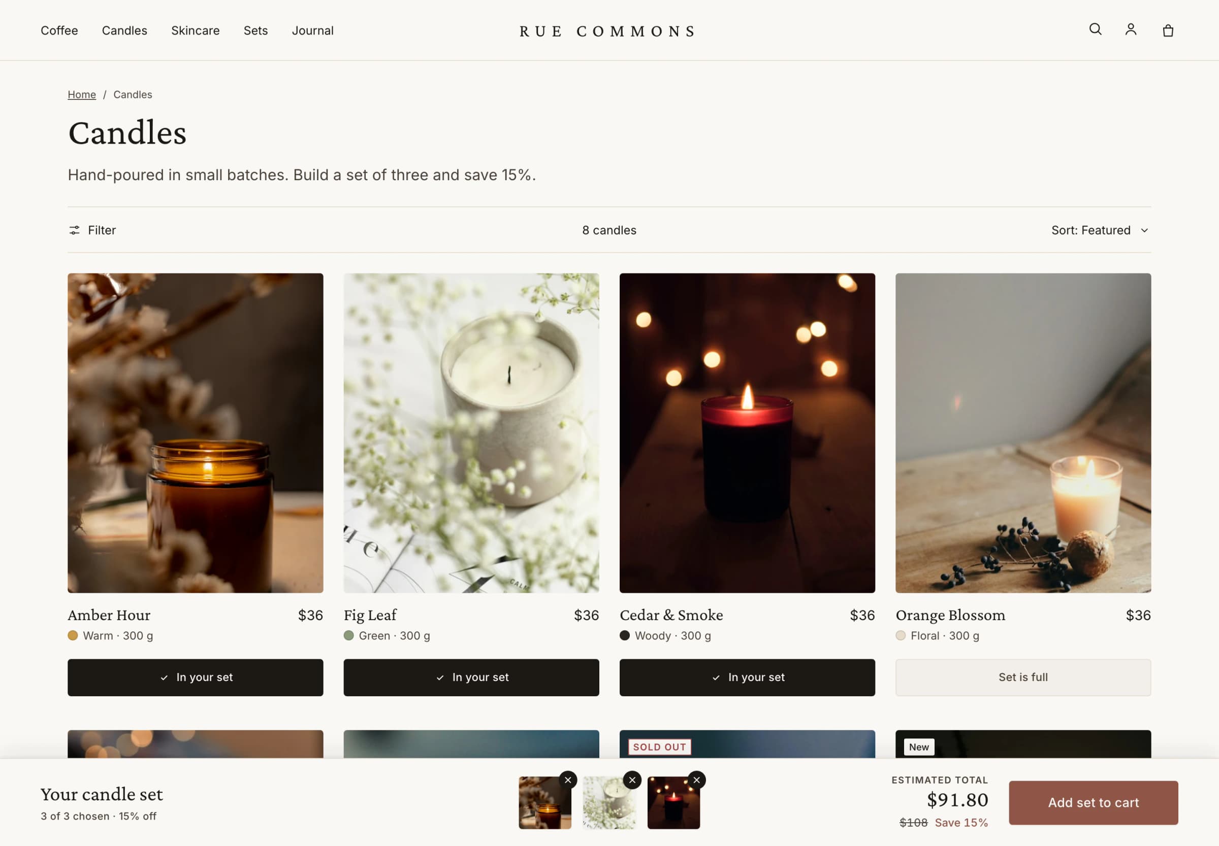 A Rue Commons candle collection page with Add to set buttons and a tray: 3 of 3 chosen, $91.80, save 15%