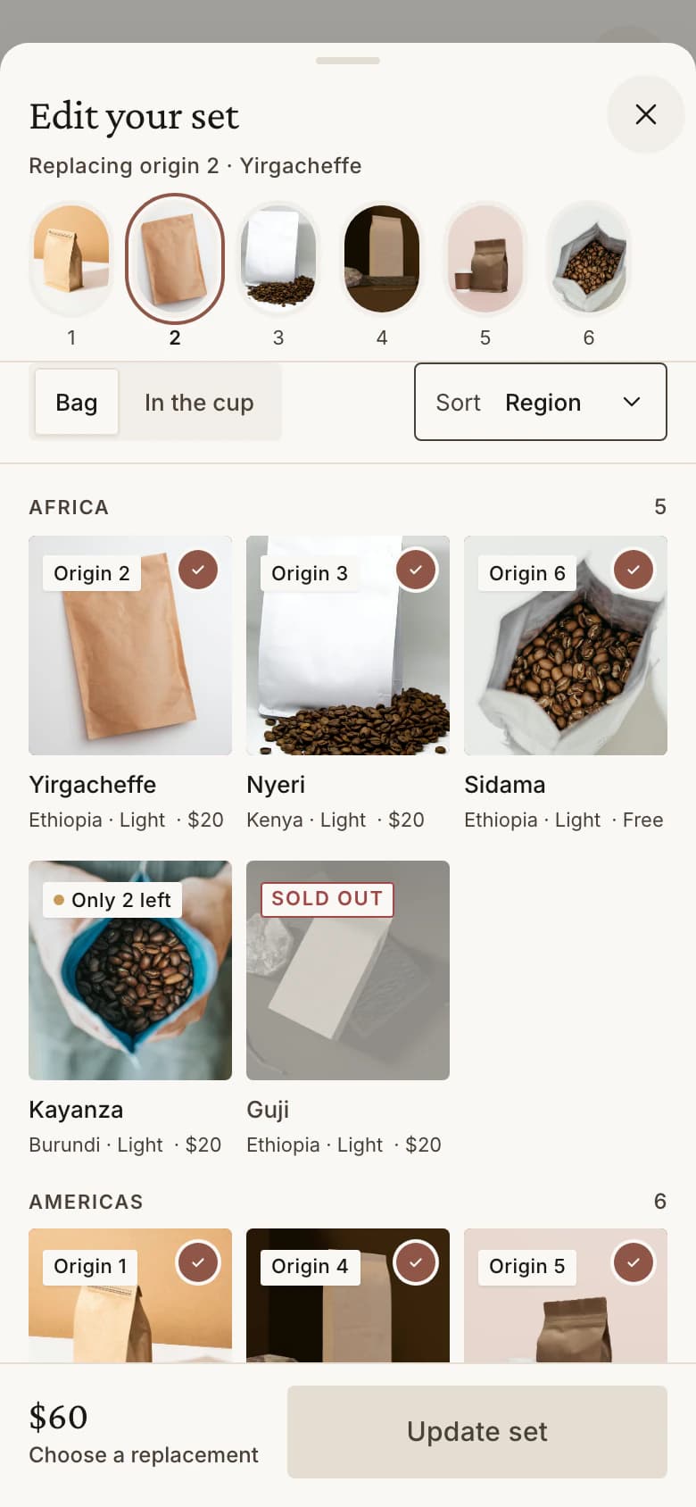 Edit set sheet on mobile, opened from the cart